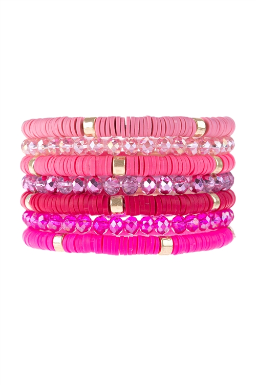 S21-8-3-HDB3128PK-MULTI LINE RING BEADED BRACELET-PINK/6PCS