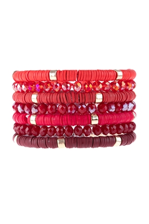 S17-11-2-HDB3128RD-MULTI LINE RING BEADED BRACELET-RED/6PCS