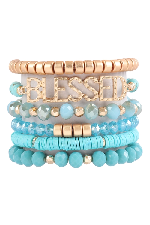 S17-7-3-HDB3129TQ-BLESSED CHARM MULTILINE BEADED BRACELET-TURQUOISE/6PCS