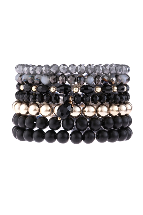 S17-7-1-HDB3155BK-MULTI LINE BEADED BRACELET-BLACK/6PCS