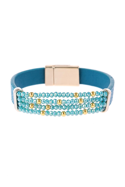S17-10-1-HDB3156BL-4 LINE  BEADED LEATHER STRAP MAGNETIC BRACELET-BLUE/6PCS (NOW $ 1.75 ONLY!)