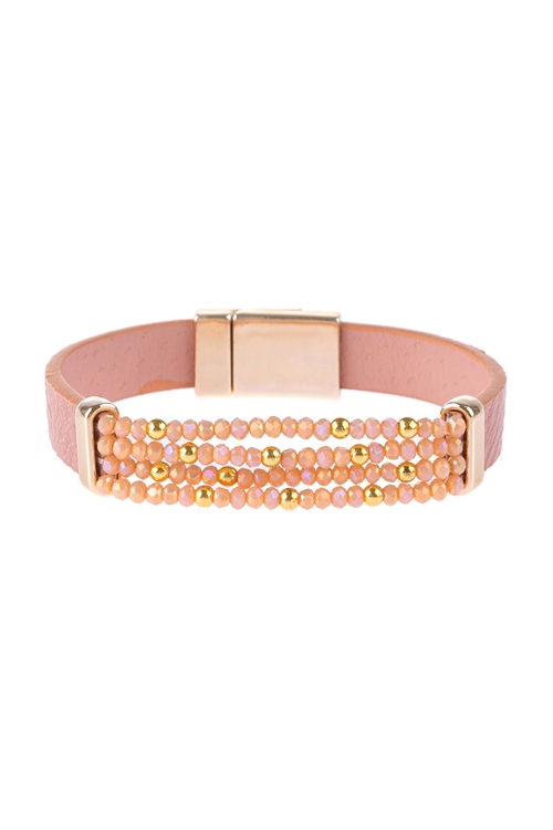 S17-10-1-HDB3156PK-4 LINE  BEADED LEATHER STRAP MAGNETIC BRACELET-PINK/6PCS (NOW $ 1.75 ONLY!)