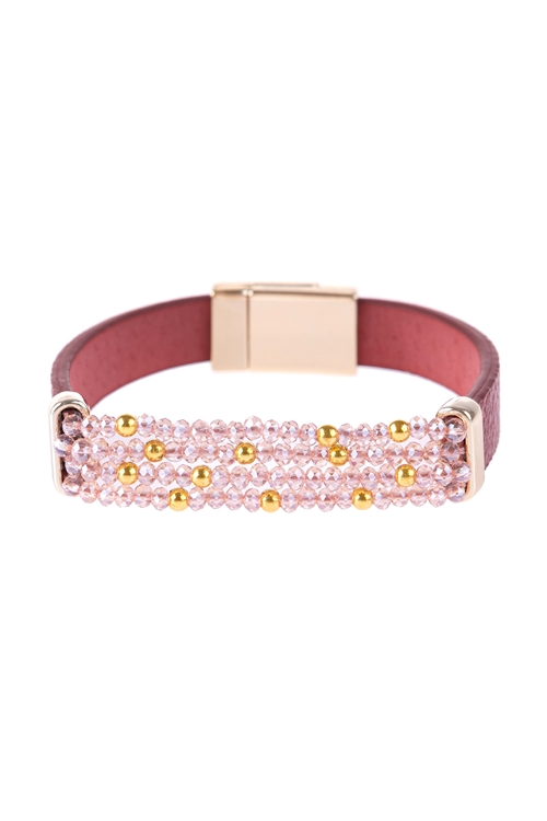 S17-10-1-HDB3156RD-4 LINE  BEADED LEATHER STRAP MAGNETIC BRACELET-RED/6PCS (NOW $ 1.75 ONLY!)
