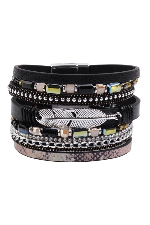 S17-6-2-HDB3158BK-MULTI LINE LEATHER FEATHER CHARM WITH MAGNETIC LOCK BRACELET-BLACK/6PCS