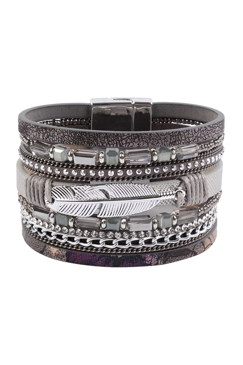 S18-6-1-HDB3158GY-MULTI LINE LEATHER FEATHER CHARM WITH MAGNETIC LOCK BRACELET-GRAY/6PCS