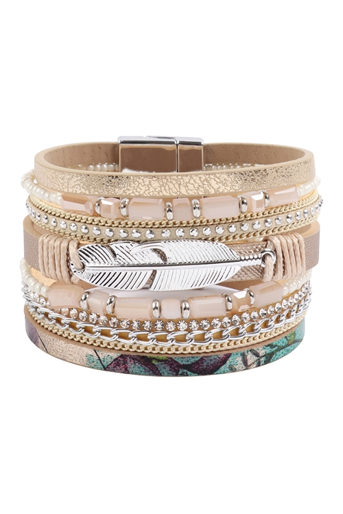 S18-6-1-HDB3158IV-MULTI LINE LEATHER FEATHER CHARM WITH MAGNETIC LOCK BRACELET-IVORY/6PCS