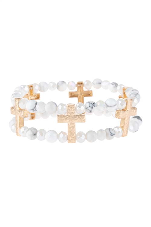 S2-9-1-HDB3192WT-CROSS CHARM TWO LINE BEADED BRACELET-WHITE/6PCS