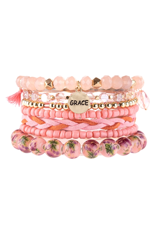 S2-5-2-HDB3193PK-GRACE CHARM MULTILINE BEADE BRACELET-PINK/6PCS