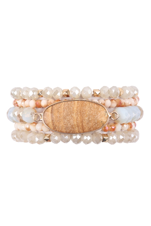 S29-3-2-HDB3239LCT-OVAL STONE CHARM RONDELLE BEADED BRACELET-LIGHT BROWN/6PCS (NOW $2.25 ONLY!)