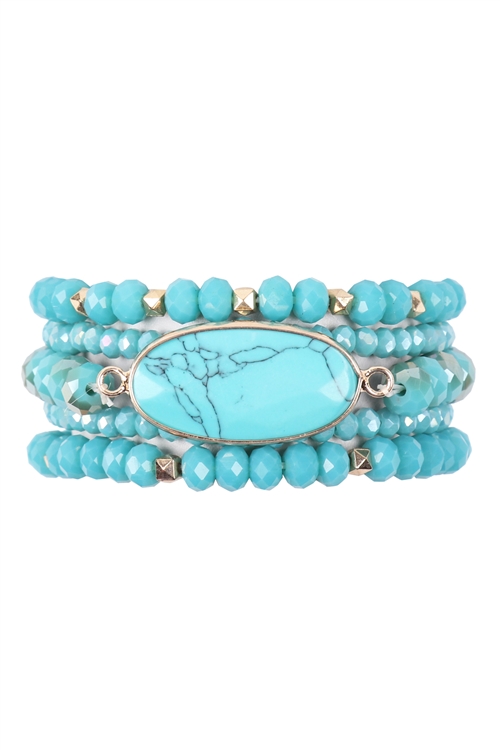 S29-3-2-HDB3239TQ-OVAL STONE CHARM RONDELLE BEADED BRACELET-TURQUOISE/6PCS (NOW $2.25 ONLY!)