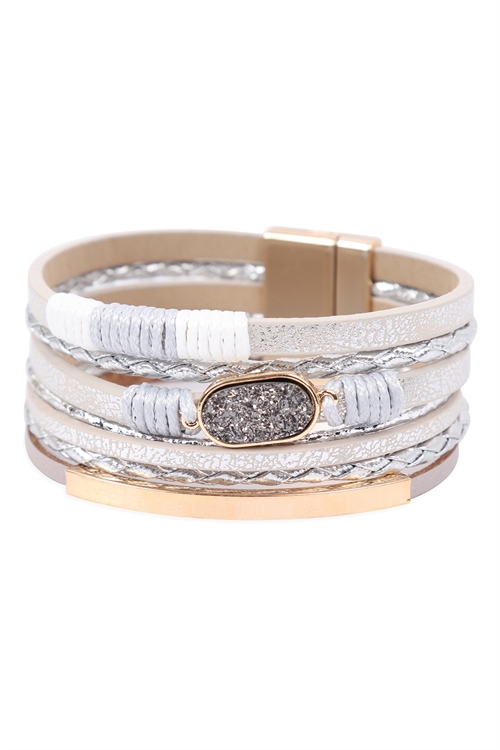 S19-6-1-HDB3269GY-MULTILAYER LEATHER WITH DRUZY STONE  MAGNETIC LOCK BRACELET-GRAY/6PCS