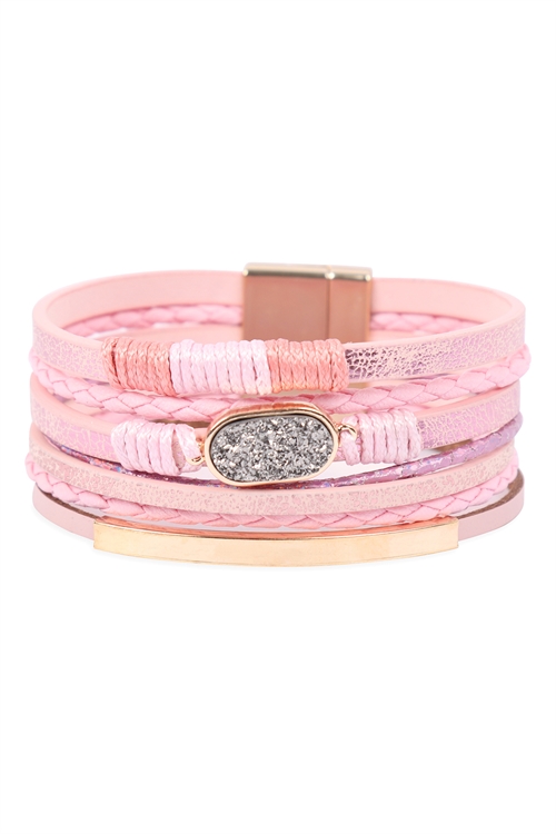 S19-9-4-HDB3269PK-MULTILAYER LEATHER WITH DRUZY STONE  MAGNETIC LOCK BRACELET-PINK/6PCS