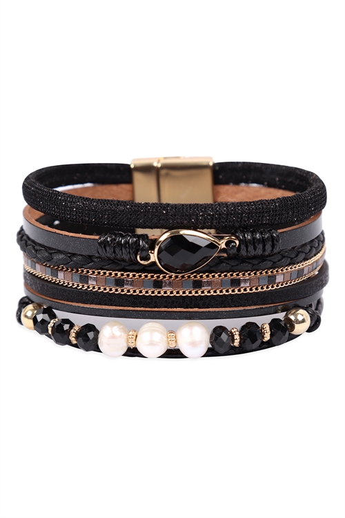 S23-11-1-HDB3272BK-LEATHER MIX BEADED MAGNETIC WRAP BRACELET-BLACK/6PCS