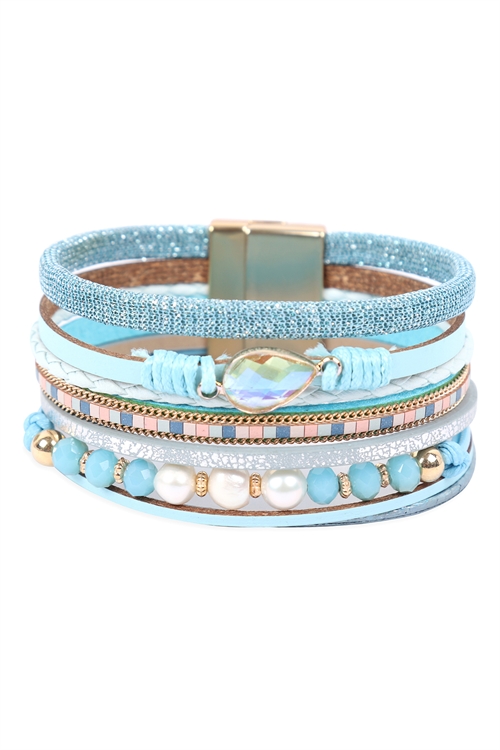 S23-11-1-HDB3272BL-LEATHER MIX BEADED MAGNETIC WRAP BRACELET-BLUE/6PCS