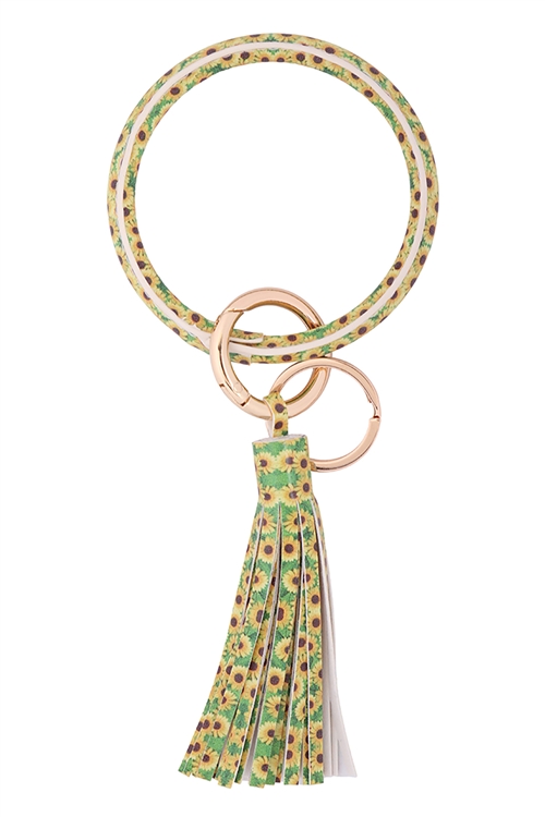 S23-7-4-HDB3334-4-SUNFLOWER PRINT LEATHER COATED KEY RING WITH LEATHER TASSEL-YELLOW GREEN/6PCS