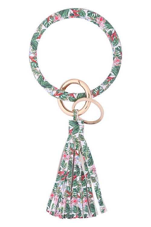 S27-8-3-HDB3334-6-FLORAL PRINT LEATHER COATED KEY RING WITH LEATHER TASSEL-GREEN/6PCS