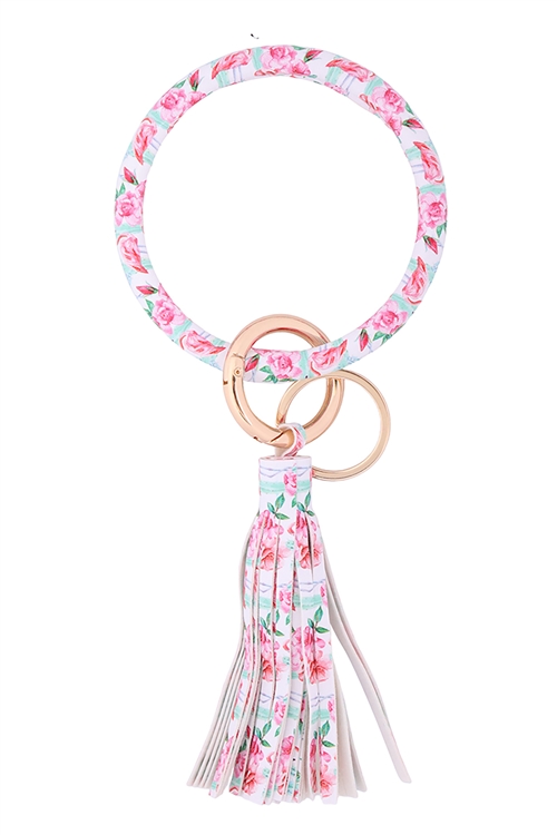 S23-7-4-HDB3334-7-FLORAL PRINT LEATHER COATED KEY RING WITH LEATHER TASSEL-PINK/6PCS