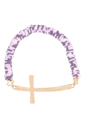 A1-3-4- HDB3341PU-1-CROSS FIMO CHARM STRECH BRACELET-PURPLE/6PCS