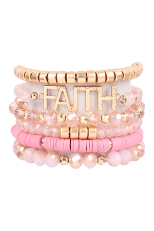 S19-10-4-HDB3342PK-MIX BEADS FAITH CHARM BRACELET-PINK/6PCS