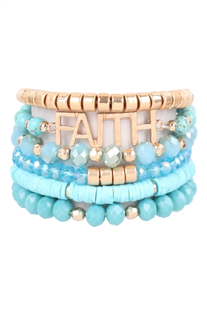 S20-11-4-HDB3342TQ-MIX BEADS FAITH CHARM BRACELET-TURQUOISE/6PCS