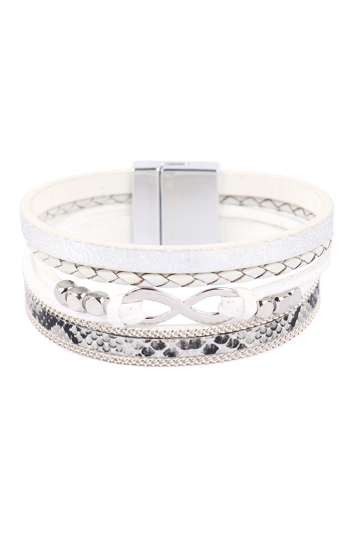 S21-8-3-HDB3465WT-1  - ANIMAL PRINT LEATHER WRAP W/ INFINITY SYMBOL MAGNETIC LOCK BRACELET-WHITE/1PC