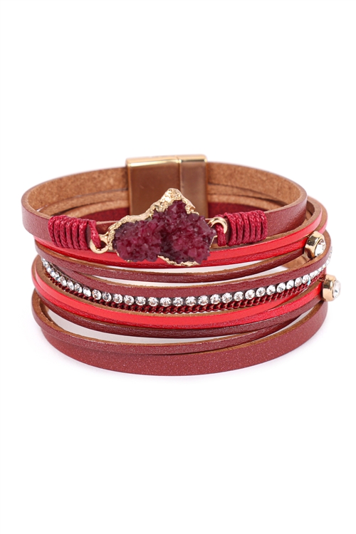 S20-4-1-HDB3466RD - LEATHER WRAP DRUZY HEART MAGNETIC LOCK BRACELET-RED/6PCS