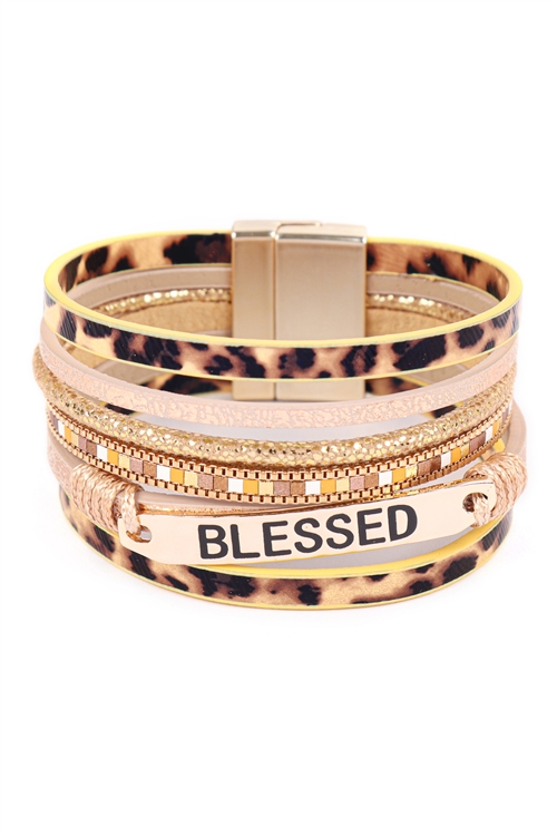 S19-8-2-HDB3467LBR - BLESSED LEOPARD PRINT LEATHER MAGNETIC LOCK BRACELET-LIGHT BROWN/6PCS