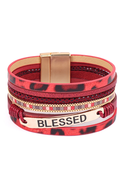 S23-13-1-HDB3467RD - BLESSED LEOPARD PRINT LEATHER MAGNETIC LOCK BRACELET-RED/6PCS