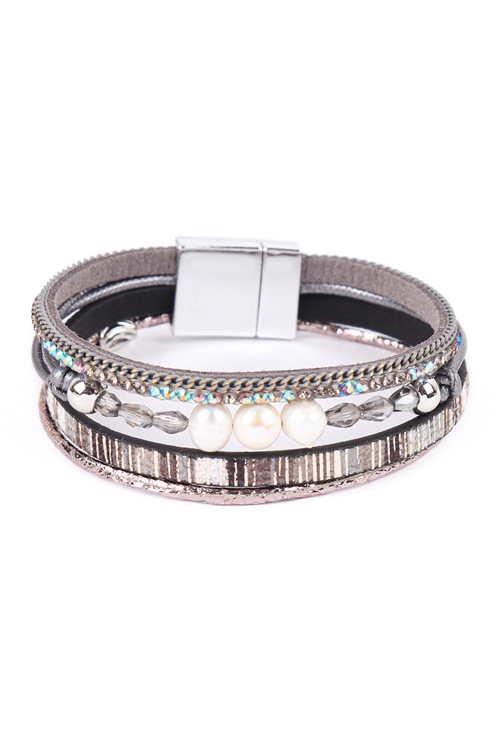 S19-8-2-HDB3471GY - PEARL GLASS BEAD LEATHER MIX MAGNETIC LOCK BRACELET-GREY/6PCS