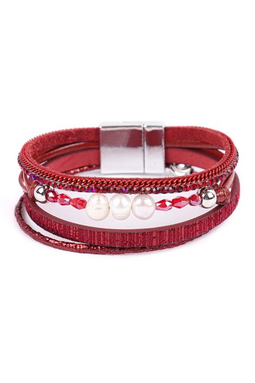 S19-8-2-HDB3471RD - PEARL GLASS BEAD LEATHER MIX MAGNETIC LOCK BRACELET-RED/6PCS