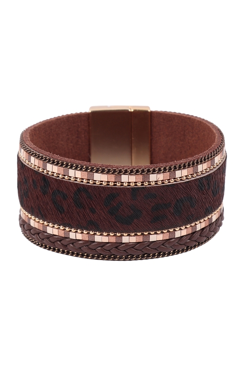 S23-13-1-HDB3473DBR - ANIMAL PRINT LEATHER MAGNETIC LOCK BRACELET- DARK BROWN LEOPARD/6PCS