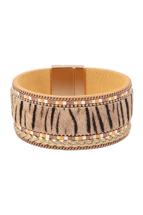 S23-13-1-HDB3473LBR - ANIMAL PRINT LEATHER MAGNETIC LOCK BRACELET- LIGHT BROWN TIGER /6PCS