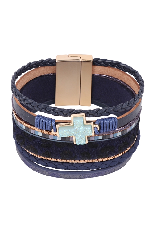 S23-13-1-HDB3474BL - LEOPARD PRINT LEATHER BRAIDED CROSS STONE BRACELET - BLUE/6PCS