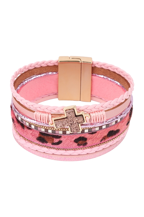 S23-13-1-HDB3474PK - LEOPARD PRINT LEATHER BRAIDED CROSS STONE BRACELET - PINK/6PCS