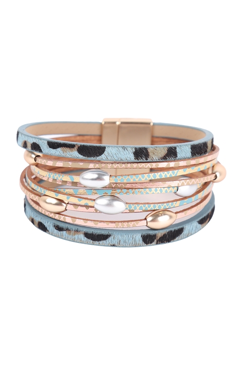 S4-5-1-HDB3513BL - LEOPARD PRINT LEATHER WRAP MAGNETIC LOCK BRACELET - BLUE/6PCS (NOW $1.25 ONLY!)