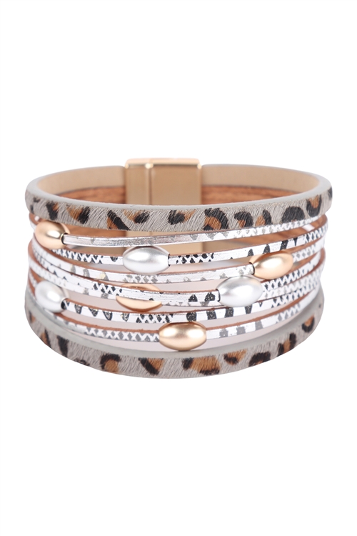 S4-5-1-HDB3513GY - LEOPARD PRINT LEATHER WRAP MAGNETIC LOCK BRACELET - GRAY/6PCS (NOW $1.25 ONLY!)