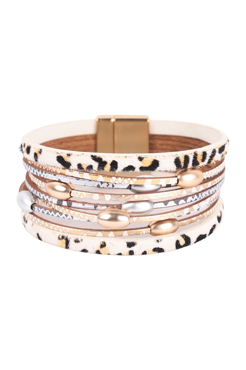 S4-5-1-HDB3513IV - LEOPARD PRINT LEATHER WRAP MAGNETIC LOCK BRACELET - IVORY/6PCS (NOW $1.25 ONLY!)