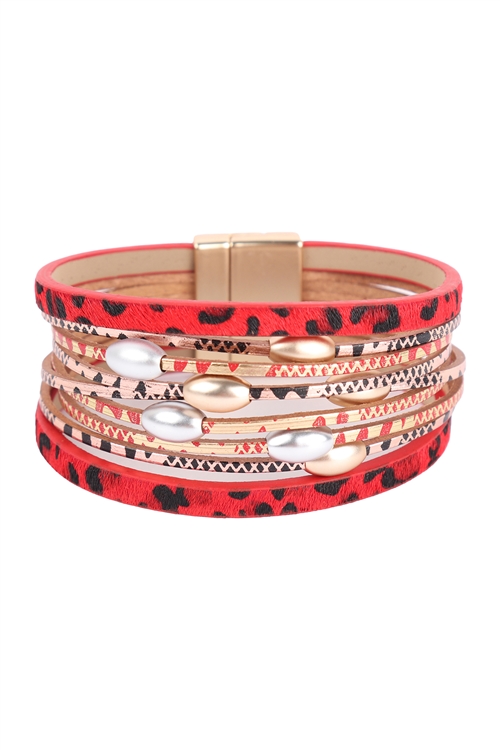S4-5-1-HDB3513RD - LEOPARD PRINT LEATHER WRAP MAGNETIC LOCK BRACELET - RED/6PCS (NOW $1.25 ONLY!)