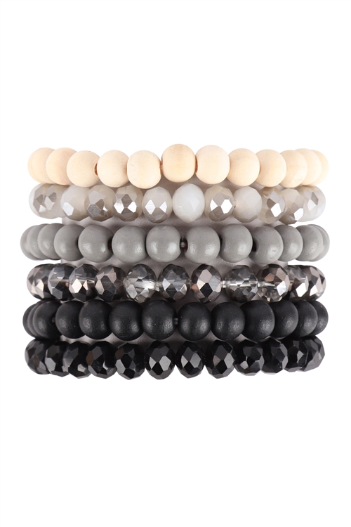 S20-8-1-HDB3538BK - WOOD RONDELLE BEADS STACKABLE CHARM BRACELET SET - BLACK/6PCS (NOW $2.00 ONLY!)