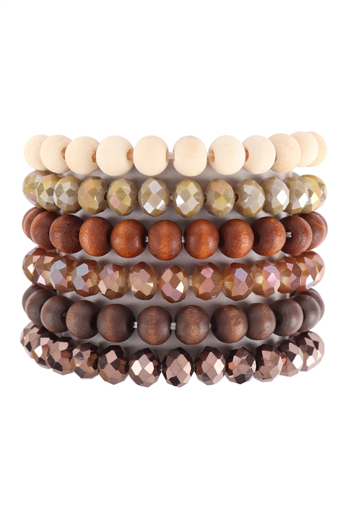 S20-7-2-HDB3538BR - WOOD RONDELLE BEADS STACKABLE CHARM BRACELET SET - BROWN/6PCS