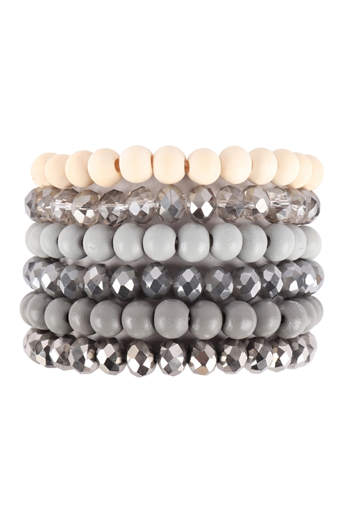 S19-9-2-HDB3538GY - WOOD RONDELLE BEADS STACKABLE CHARM BRACELET SET - GRAY/6PCS (NOW $2.00 ONLY!)