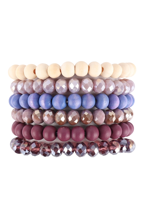 S19-6-3-HDB3538PU - WOOD RONDELLE BEADS STACKABLE CHARM BRACELET SET - PURPLE/6PCS (NOW $2.00 ONLY!)