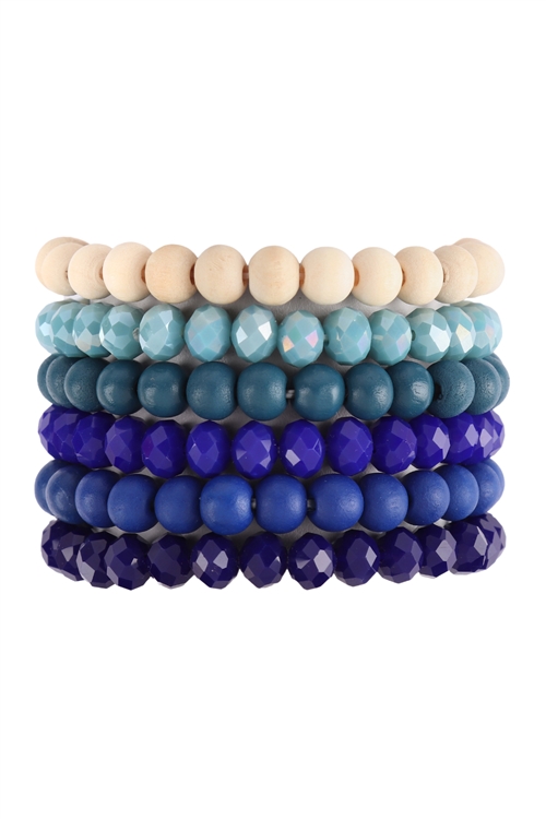 S17-7-2-HDB3538SP - WOOD RONDELLE BEADS STACKABLE CHARM BRACELET SET - SAPPHIRE/6PCS