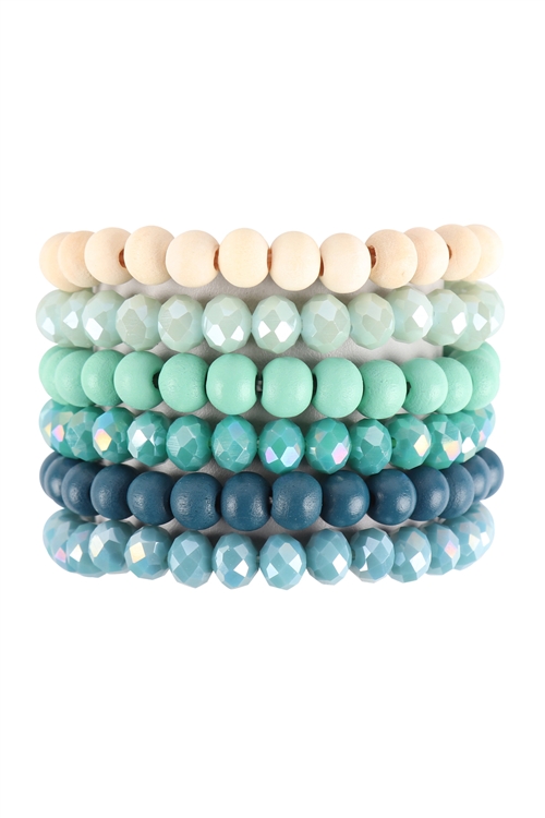 S20-8-1-HDB3538TQ - WOOD RONDELLE BEADS STACKABLE CHARM BRACELET SET - TURQUOISE/6PCS (NOW $2.00 ONLY!)