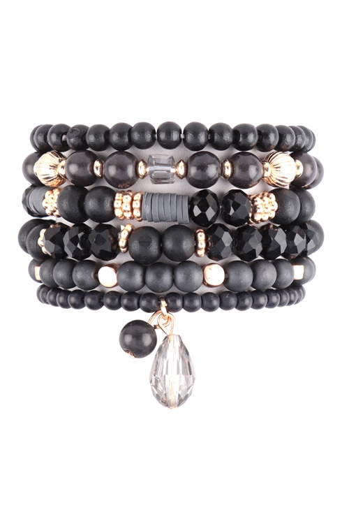 S22-10-2-HDB3663BK - MIX BEADS NATURAL STONE WOOD CHARM STRETCH BRACELET SET-BLACK/6PCS