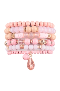 S21-3-1-HDB3663PK - MIX BEADS NATURAL STONE WOOD CHARM STRETCH BRACELET SET-PINK/6PCS