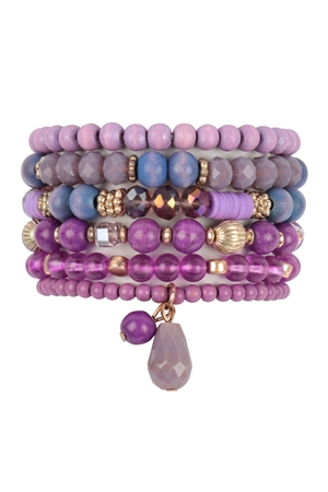 S18-13-3-HDB3663PU - MIX BEADS NATURAL STONE WOOD CHARM STRETCH BRACELET SET-PURPLE/6PCS