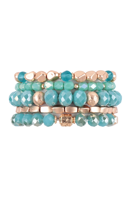 S17-10-1-HDB3671TQ - RONDELLE BEADS CCB CHARM STRETCH BRACELET - TURQUOISE/6PCS