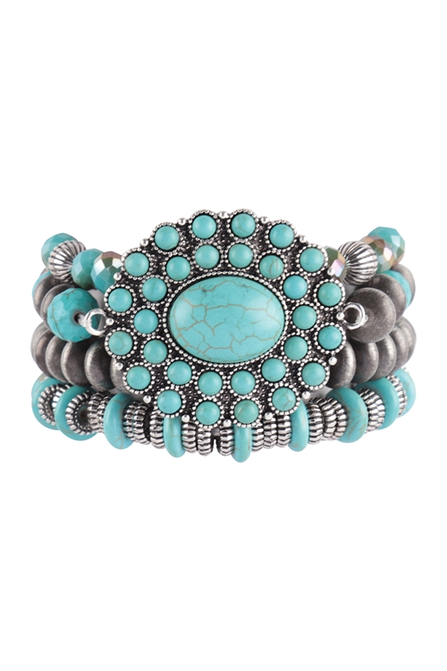 S22-10-1-HDB3687 - 4 LINES WESTERN CONCHO ANTIQUE NATURAL STONE TURQUOISE STRETCH BRACELET SET/6PCS