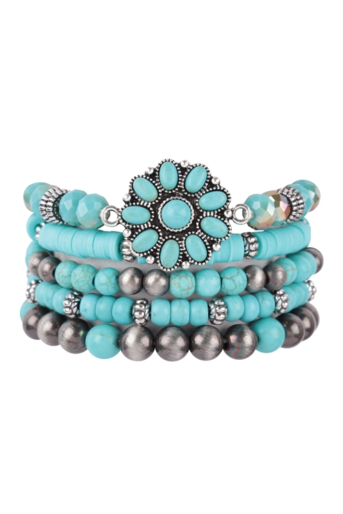 S22-11-1-HDB3688 - 5 LINES WESTERN CONCHO FLOWER STONE BRACELET - TURQUOISE/6PCS